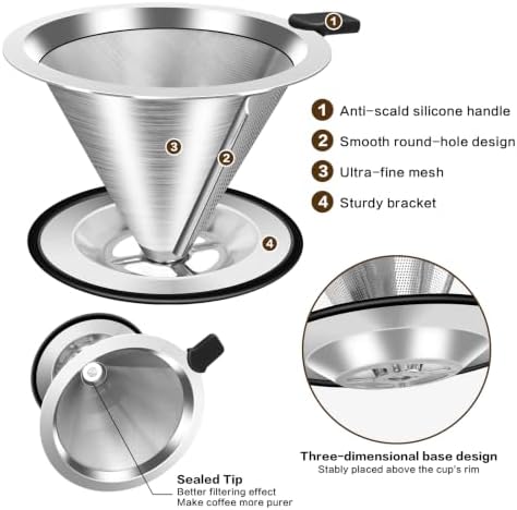 Large Size Pour Over Coffee Dripper, Stainless Steel Coffee Filter, Paperless Reusable Coffee Filter, Double Micromesh 600 Mesh Strainer Coffee Maker with Heat-Resistant Silicone Handle & Base - Image 5