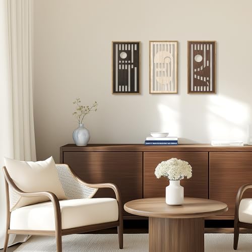 HPNIUB 3 PCS Boho Wall Decor,Black White Century Abstract Mask Geometric Line Carved Hanging Wood Sign for Living Room,8x16Inch Modern Neutral Wooden Plaque for Apartment Bedroom Office Decoration - Image 2