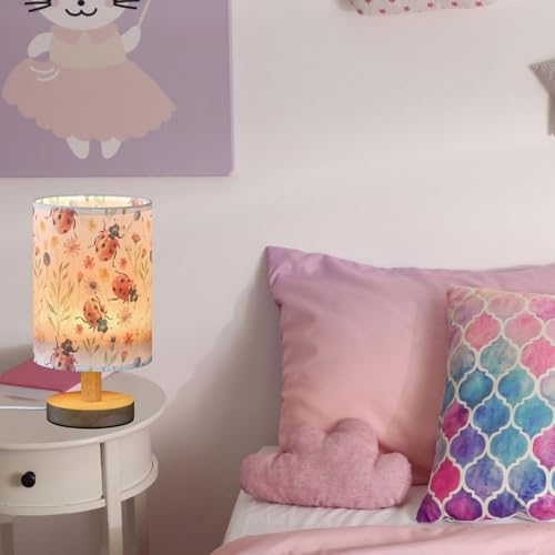 Wildflowers Ladybugs Patterned Table Lamp for Bedroom USB Port Lamps Small Accent Table Lamp Nightstand Lamp Study Linen Shade with Wooden Base, Decorative Lamps for Bedside Reading|Kids|Dorm|Home - Image 5