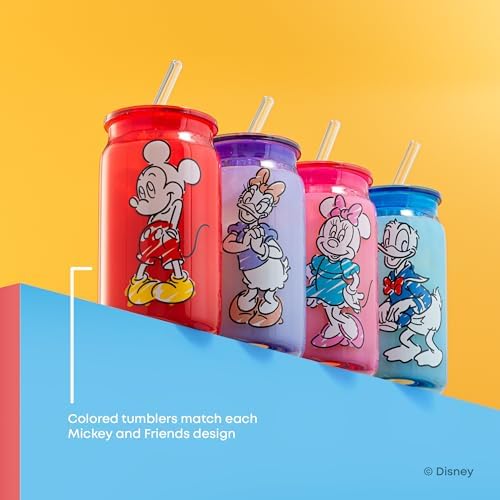 JoyJolt Disney Mickey Mouse and Friends Color Sketch Glass Tumblers with Lids and Straws, 16oz Glass Cups with Lids and Straws, Can Shaped Drinking Glasses Set of 4, Disney Gifts for Adults - Image 5