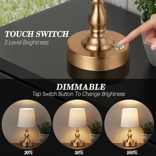 PARTPHONER Mini Cordless LED Table Lamp, 5200mAh Rechargeable Battery Operated Lamp, 3-Level Brightness, Touch Dimmable Desk Lamp, Bedside Night Light for Patio Camping Restaurant Home, Antique Brass - Image 2
