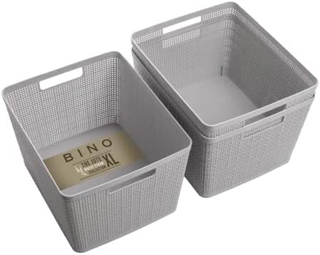 BINO | Woven Plastic Basket | Large (Natural Grey), 3-Pack | THE JUTE COLLECTION | Home Organization, Space - Saving Storage, Stylish Design | Jute Basket | Plastic Storage Basket by BINO