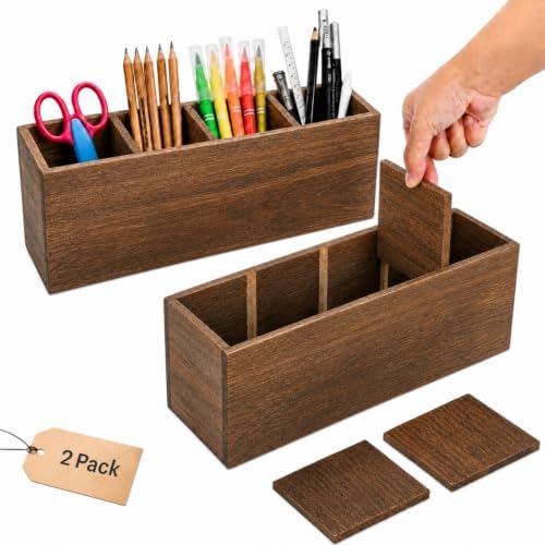Dicunoy 2 Pack Wooden Pencil Holder for Desk, Rustic Wood Remote Control Holder Caddys, Retro Table Organizer with 4 Compartments for Art Supplies, Pen, Home, Office, School Classroom by Dicunoy