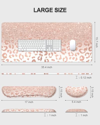 Auhoahsil Large Mouse Pad with Wrist Rests for Keyboard & Mouse, Thick Soft Ergonomic Memory Foam Wrist Supports, Big & Long Desk Mat 35.5 x 15.7 in, for Office Gaming Computer, Pink Gold Leopard - Image 7