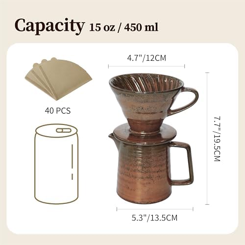 Vintage Ceramic Pour Over Coffee Maker with V60-Style Dripper and 40 Paper Filters (Red) - Image 6