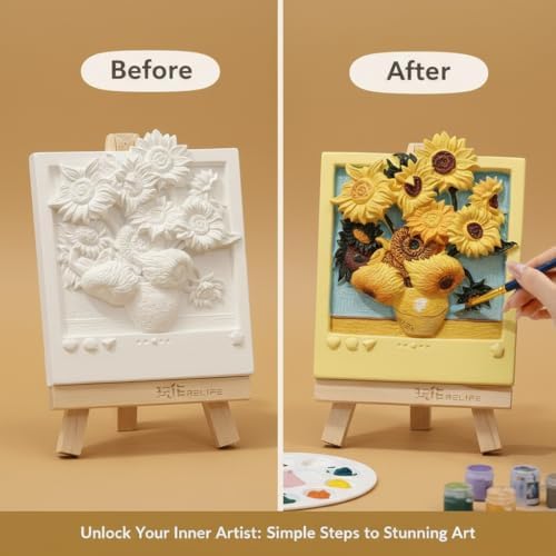 Dumblings 3D Painting Kit – DIY Coloring with Acrylic Paints & Brushes, Relaxing Mindful Craft for Home Decor or Fridge Magnet, Gift for Kids & Adults (Sunflower) - Image 2