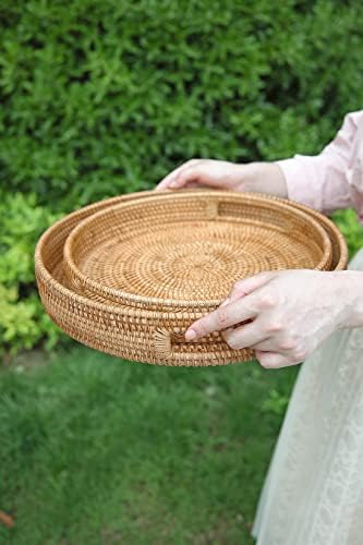 HITOMEN Hand-Woven Round Rattan Serving Tray Decorative Ottoman Wicker Platter with Handles for Coffee Table, Breakfast, Drinks, Snack, Bread, Fruit, Vegetables (Natural Set of 2: M+L) - Image 4