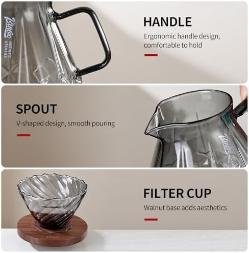 Bincoo Pour Over Coffee Maker&Dripper, Style Cone Filter + 600ml Glass Coffee Server, Manual Coffee Brewer Set, Reusable Coffee Filter Holder, Great Gift for Coffee Enthusiasts（Grey - Image 5