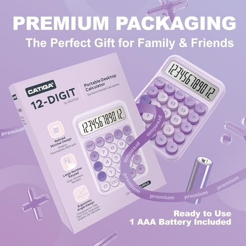 CATIGA Mechanical Switch Calculator, Purple Calculator with 12 Digit Large LCD Display & Big Buttons for Office Desk, Classroom Math, Back to School Supplies, Cute Aesthetic Desk Accessories - Image 5