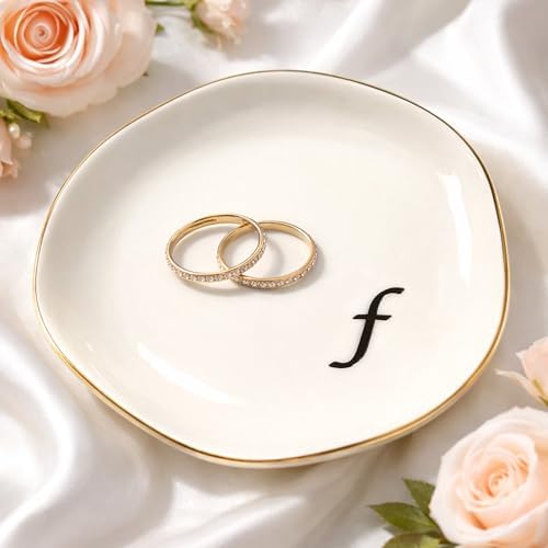 Initial Ring Dish - White Ceramic Jewelry Tray for Nightstand & Sink, Anti-Loss Trinket Organizer, Meaningful Engagement or Birthday Gift for Women, Sister, Friends (Letter F) by Unknown