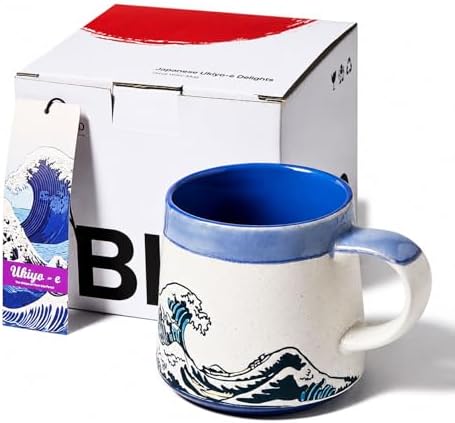 BICETTO Japanese Coffee Mug, Ukiyo-e Great Wave, Handmade 15oz Ceramic Cup by ShopwithDesignExcellence