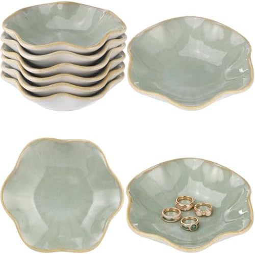9 Pcs Ceramic Jewelry Dishes, Lotus Leaf Ring Dishes, Small Trinket Trays, Green Pottery Plates, Gold-Trimmed Jewelry Holders, Cute Key Bowls for Nightstand Decor by Toyosport