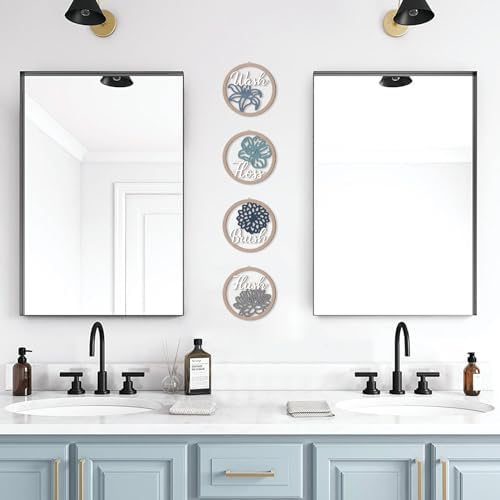 HPNIUB Farmhouse Bathroom Wall Decor, Blooming Floral Wall Art, 4 Pieces 10''x10'' Wash Brush Floss Flush Rustic Wood Plaque, Funny Bathroom Quote Wooden Sign for Home Spa Bathroom Laundry Washroom - Image 4