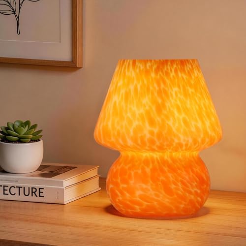 Mushroom Lamp Small Glass Table Lamp, Bedside Nightstand Lamp, Cute Desk Lamp for Bedroom, Dorm, Living Room & Kitchen, Classic Vintage Home Decor Lamp (2, Coral Orange) - Image 2