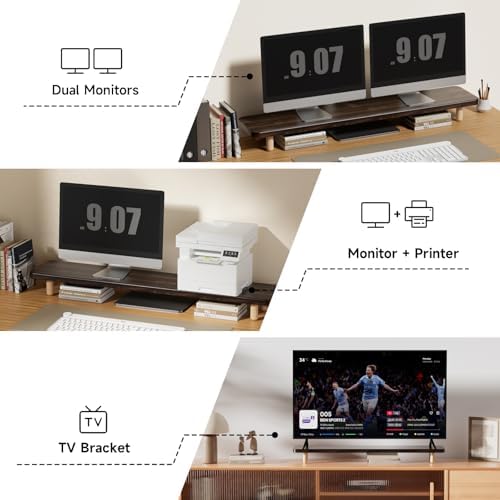 Dual Monitor Stand Riser, 39 Inch Extra Long Wooden Desktop Monitor Riser with Storage for 2 Monitors Ultra Strong Desk Shelf Organizer Riser Ergonomic for 2 Screens/Laptop/PC/TV/Printer (Walut brown, 39inches) - Image 5