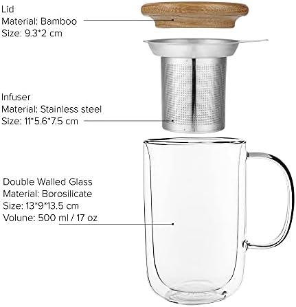 VIVA Minima Double Wall Glass Balance Tea Mug with Mesh Infuser and Wood Lid- 500 ml / 17 oz - Image 2