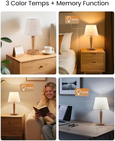 12" Wood Bedside Table Lamps Set of 2, Small Desk Lamps for Small Places, 3 Color Temperatures with Memory, Beige Linen Shade & E26 Bulbs, for Bedroom Living Room Office ME13TLP205 - Image 2