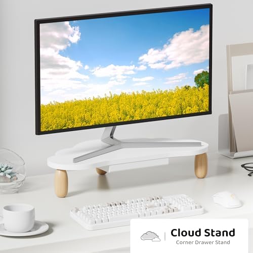 AFOOYO Monitor Stand Riser,Cloud-Shaped Sturdy Wood 16.5In Computer Monitor Riser Wirh Drawer, Multi-Purpose Desktop Organizer Riser for Computer,Laptop,Printer,TV,White - Image 2