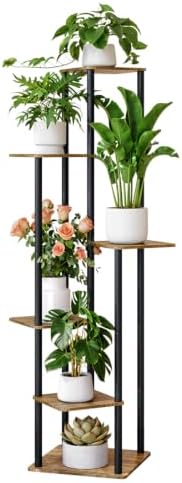 AZERPIAN Plant Stand 5 Tier Indoor Metal Flower Shelf for Multiple Plants Corner Tall Flower Holders for Patio Garden Living Room Balcony Bedroom, Black (Small 6 Tier+Black Rustic Brown) by AZERPIAN