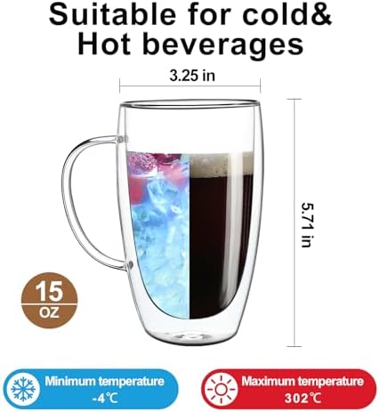 Aurzen 2 Pack Double Walled Glass Coffee Mugs with Handles, Large Insulated Layer Coffee Cups, 15oz Clear Borosilicate Mugs, Perfect for Cappuccino, Tea, Microwave Safe - Image 2