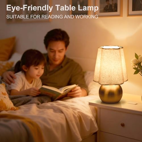 Ziqqeelam Gold Small Table Lamp for Bedroom Bedside，Brass Gold Lamps for Nightstand, Scalloped Linen Shade Table Lamps for Small Spaces for Bedroom, Home Office, Living Room - Image 4