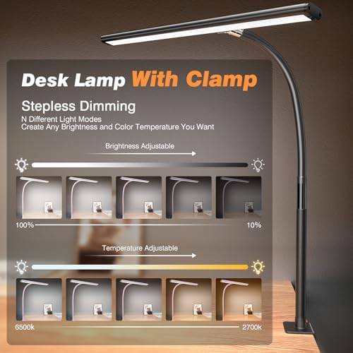 Airlonv LED Desk Lamp with Clamp, 17" Stepless Dimming Light, Black - Image 2