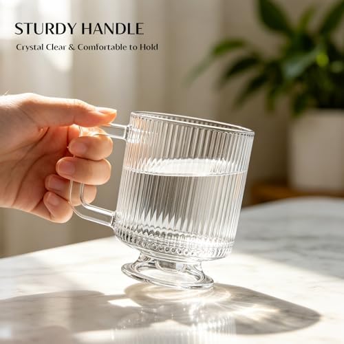 INSETLAN 6-Piece Ribbed Glass Coffee Mug Set, 10 oz Clear Glass Tea Cups with Handle, Modern Vertical Stripe Design for Everyday Drinks – Perfect for Coffee, Tea, Latte, Cappuccino, and More - Image 2