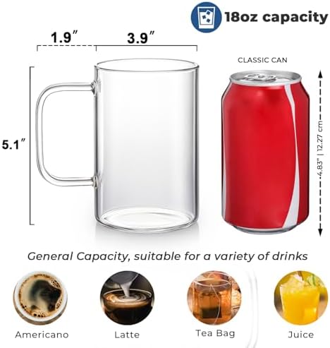 Aquach 18oz Glass Coffee Mugs Set of 4, Large Clear Borosilicate Cups - Image 5