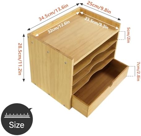 KKTONER 5-Tier Bamboo Desk Organizer with Drawer Tabletop File Organizer Document Holder with Shelf Desktop Cabinet for Home Office School Supplies (Natural) - Image 3