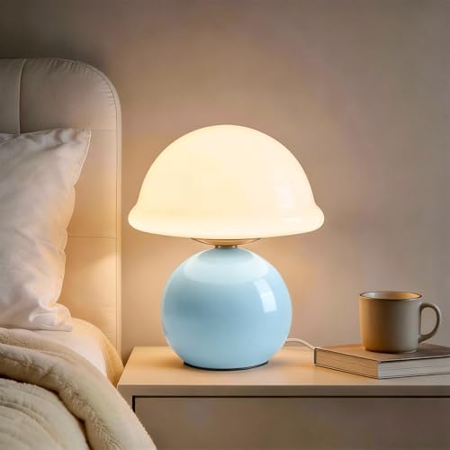 Glass Mushroom Lamp, Dimmable Bedside Table Lamp (Blue) by Komothala