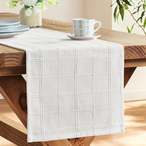 ZeeMart Linen Checked Farmhouse Table Runner, 13x48 Inches Bright White - Image 4