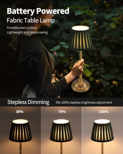 KDG Gold Cordless LED Table Lamps Set of 2, Green Fabric Shade Desk Lamps - Image 4