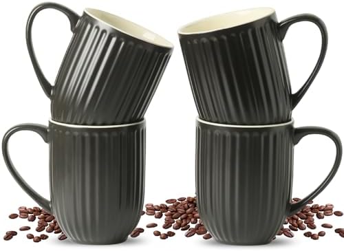 HASENSE 16oz Ceramic Coffee Mugs Set of 4, Black Ribbed Latte Cups with Large Ergonomic Handle, Modern Lightweight, Great for Coffee, Tea & Cocoa, Dishwasher & Microwave Safe by Hasense