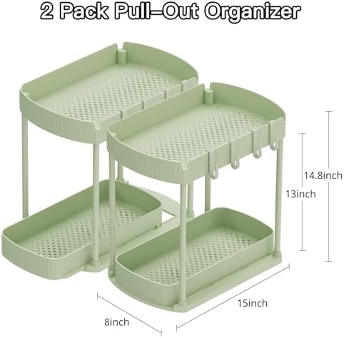 2 Packs Under Sink Pull-Out Storage Organizers, 14.8 Inches, Green - Image 2