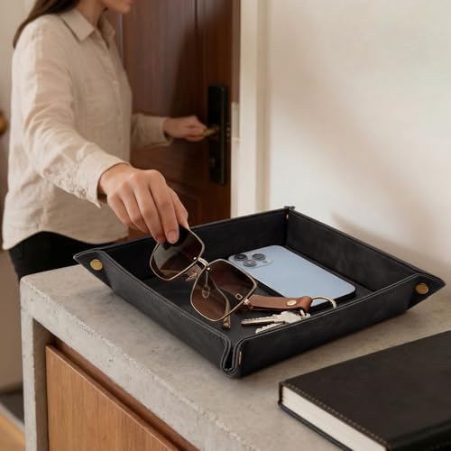 CoBak Leather Valet Tray, PU Leather Catch-All Tray for Entryway,Black - Image 2