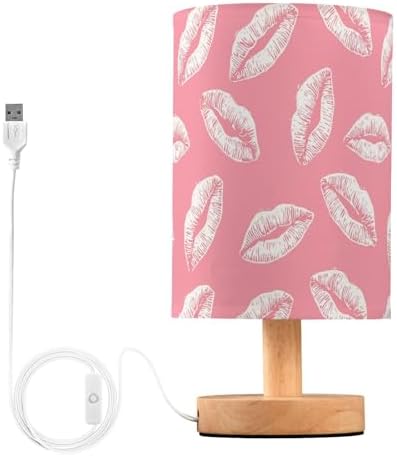 Light Pink Kiss Lip Pink and White Bedside Table Lamps with USB Port for Bedroom Lamp Table Lamp Small Nightstand Lamp Sturdy Linen Shade Wooden Decorative Lamps for Home Dorm Office Living Room by Fustylead