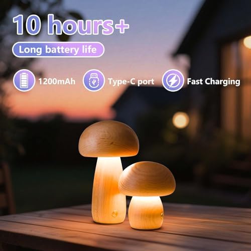 Cordless Wood Mushroom,Rechargeable Bedside Table Lamp Set, 2Pack - Image 4