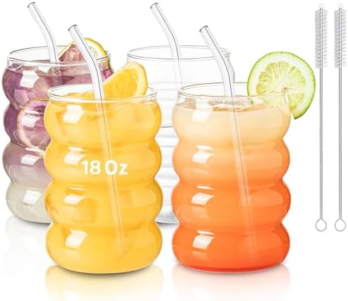 KEMORELA 18oz Wave Shape Beverage Glasses With Straws,Vintage Glass Cups Wine Mugs Set, Ripple Drinking Glasses,for Juice Beer Wine Champagne Cocktail Home Kitchen Bar Mixed Drinks (4PCS) by KEMORELA