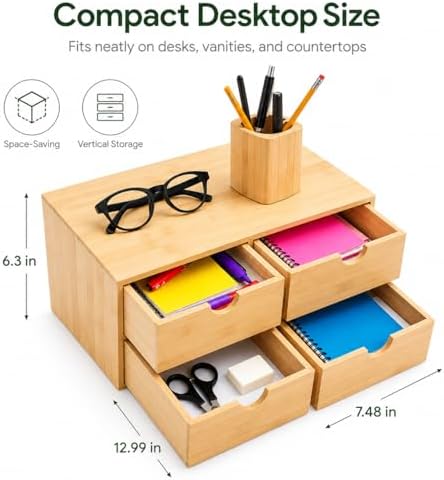 Bamboo Desk Organizer with Drawers, 4-Drawer Wooden Desk Organizer - Image 3
