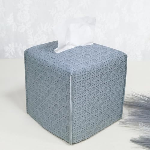 HOMOTEK 1 Pack Tissue Box Cover, Square PU Leather Tissue Holder, Decorative Facial Tissue Cube Paper Organizer Dispenser for Bathroom, Night Stands, Desk, Car 5X5X5'' - Rattan Weave, Light Gray by HOMOTEK