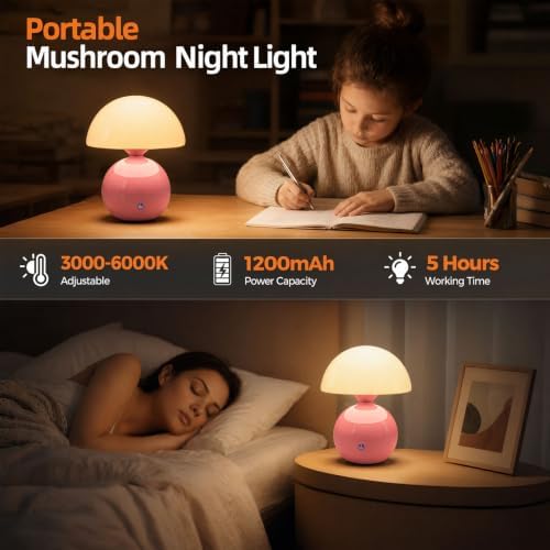 Senzoy Glass/Ceramic Mushroom Table Lamp, Pink Bedside Night Lamp - Image 2