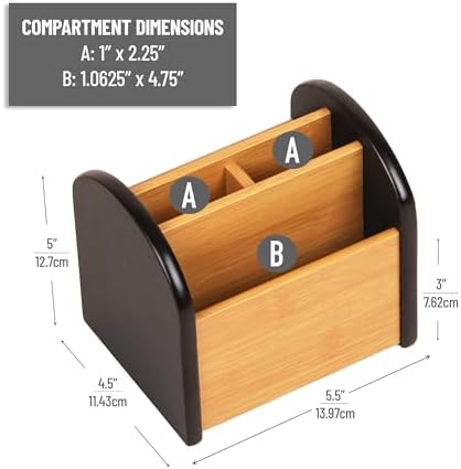 Mind Reader Desktop Organizer with 3 Compartments, Natural Wood and Matte Finish Sides, Compact Desk Storage, Wood, Black - Image 3