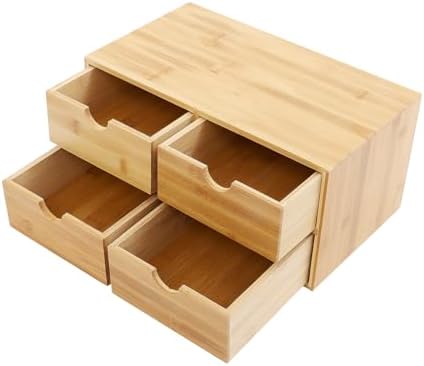 Desk Organizer, Office Vanity Bamboo Desk Organizer, Mini Bamboo Desk Drawer Tabletop Storage Box with 4 Drawer Night Stand Table Organizer for Makeup Vanity Office Supplies (4 Drawer) by Hteedy