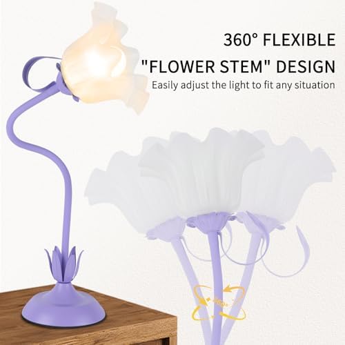 Cute Flower Desk Lamp, 3 Color Temperature Table Lamp with LED Bulb, Vintage Bedside Lamps, Reading Lamps with Soft Light for Bedroom, Living Room（Purple） - Image 2
