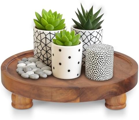 Demigo Acacia Wood Round Tray, 10 in Pedestal Riser Stand for Plant Decor by Demigo