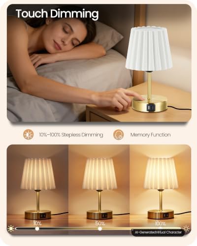 Small Bedside Table Lamp, Touch Dimmable Table Lamp with USB Ports, Nightstand Lamp with a Stepless Dimming LED Bulb, E26 Base, for Bedroom, Study, Desk, Gold and White DW16TL05 - Image 2