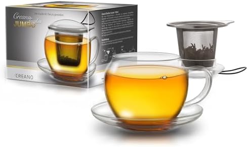 Creano Jumbo Tea Cup with Handle and Integrated Stainless Steel Strainer, Glass lid and Saucer - 15oz (450ml) by Creano