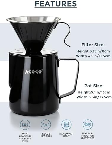 AGOGO Stainless Pour Over Coffee Maker Set, 50 Paper Filters, 30oz, Black - Image 6