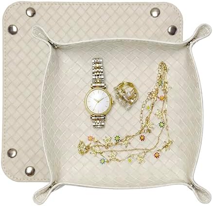 UnionBasic Small Jewelry Tray for Rings Watches Earrings, Entryway Catchall Caddy for Coins Keys Change, Nightstand Bedside Valet Holder, Trays for Electronic Gadgets, Woven Beige by UnionBasic