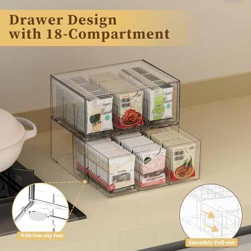 2 Pack Clear Tea Bag Organizer, Stackable Drawer Organizer with Dividers for Pantry Bathroom Vanity Kitchen - Cabinet Countertop Shelf Plastic Storage Bins for Coffee/Makeup/Cosmetic/Crafts/Jewelry - Image 3
